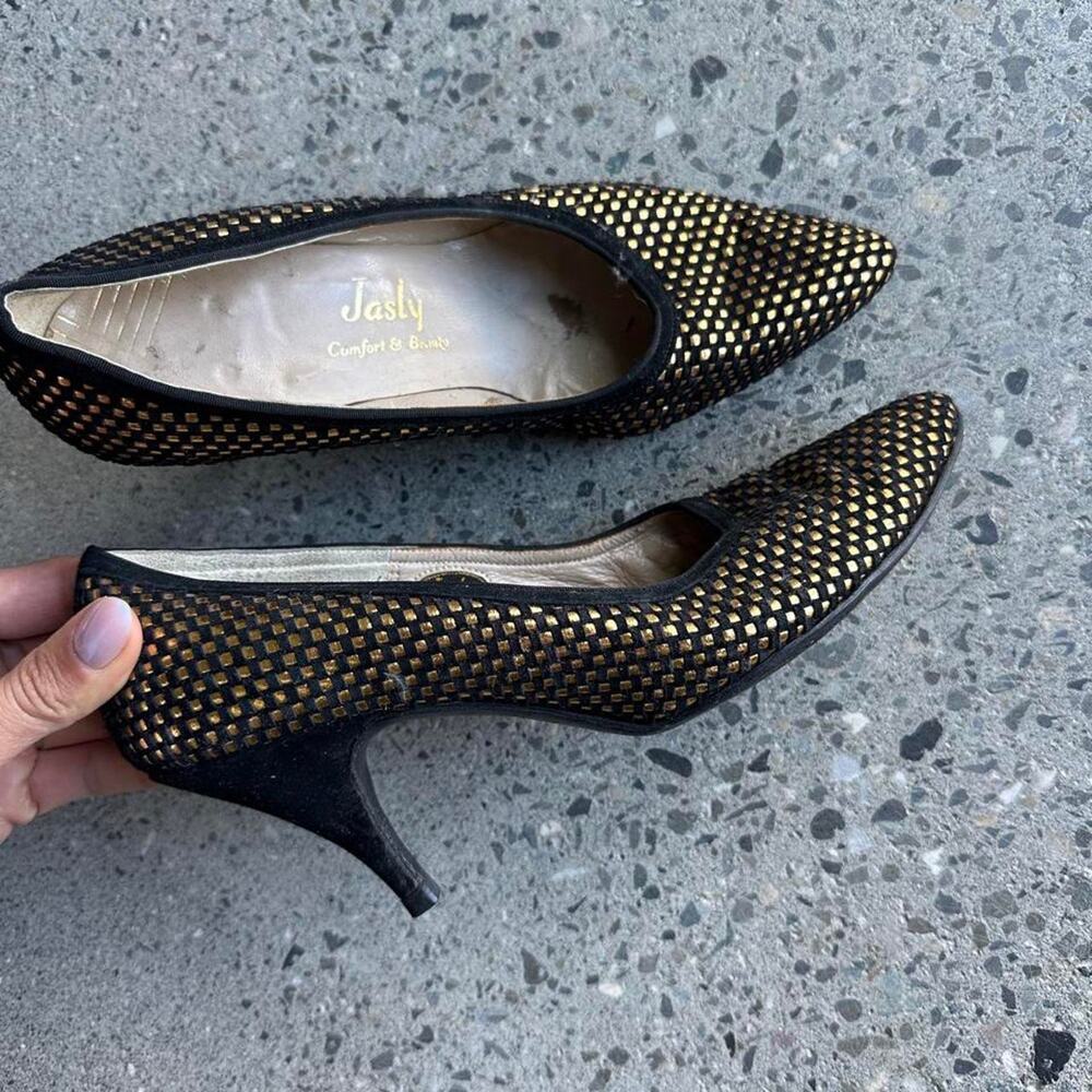 Jasly women’s 7 Black & Gold Woven Pumps Vintage Heels